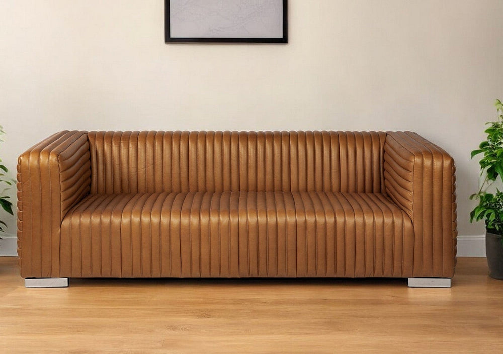 39" Gold Leather Sofa With Silver Metallic Legs - Homeroots