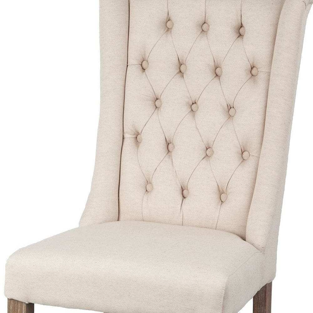 Tufted Cream And Brown Upholstered Linen Wing Back Dining Side Chair - Homeroots - Flyclothing LLC