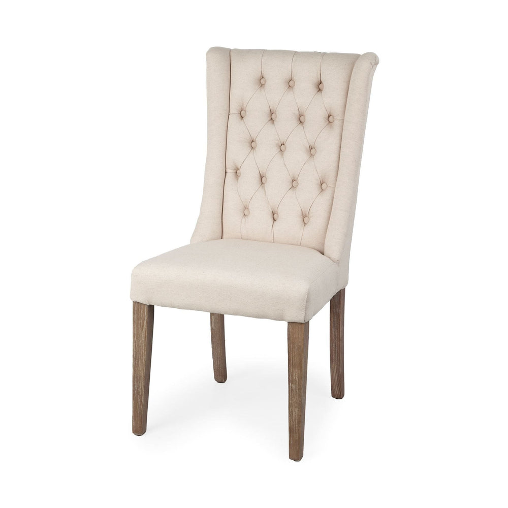 Tufted Cream And Brown Upholstered Linen Wing Back Dining Side Chair - Homeroots
