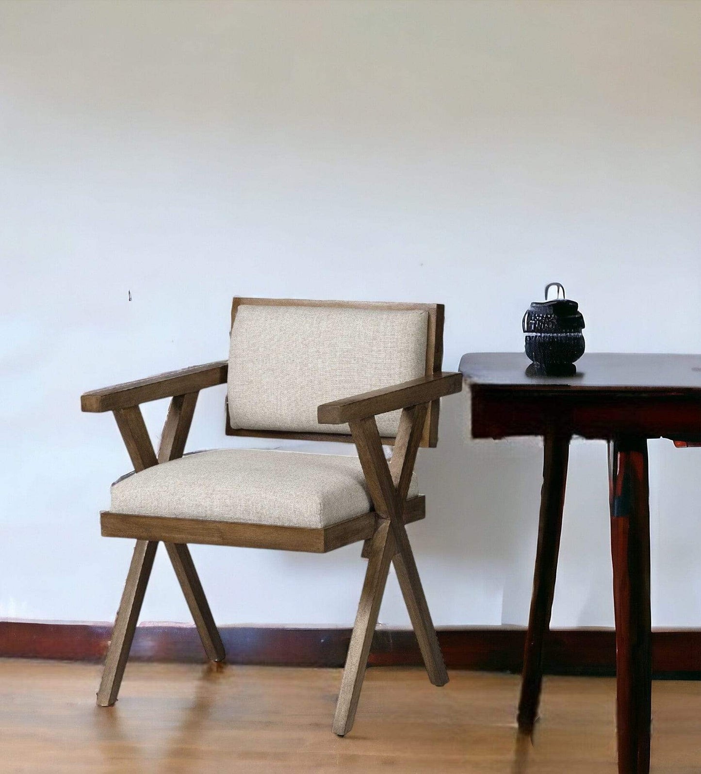 Cream And Brown Upholstered Fabric Open Back Dining Arm Chair - Homeroots - Flyclothing LLC