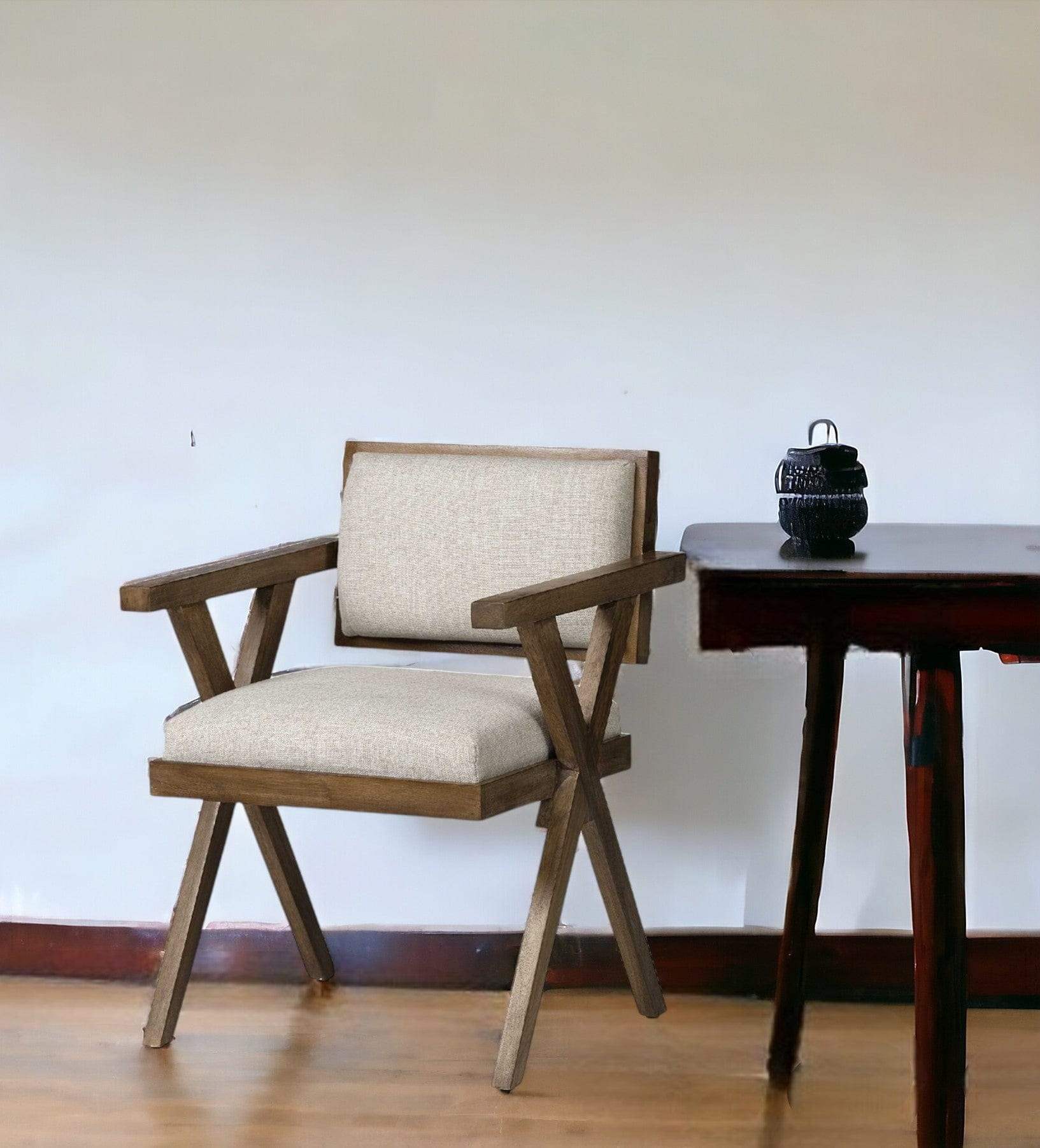 Cream And Brown Upholstered Fabric Open Back Dining Arm Chair - Homeroots - Flyclothing LLC