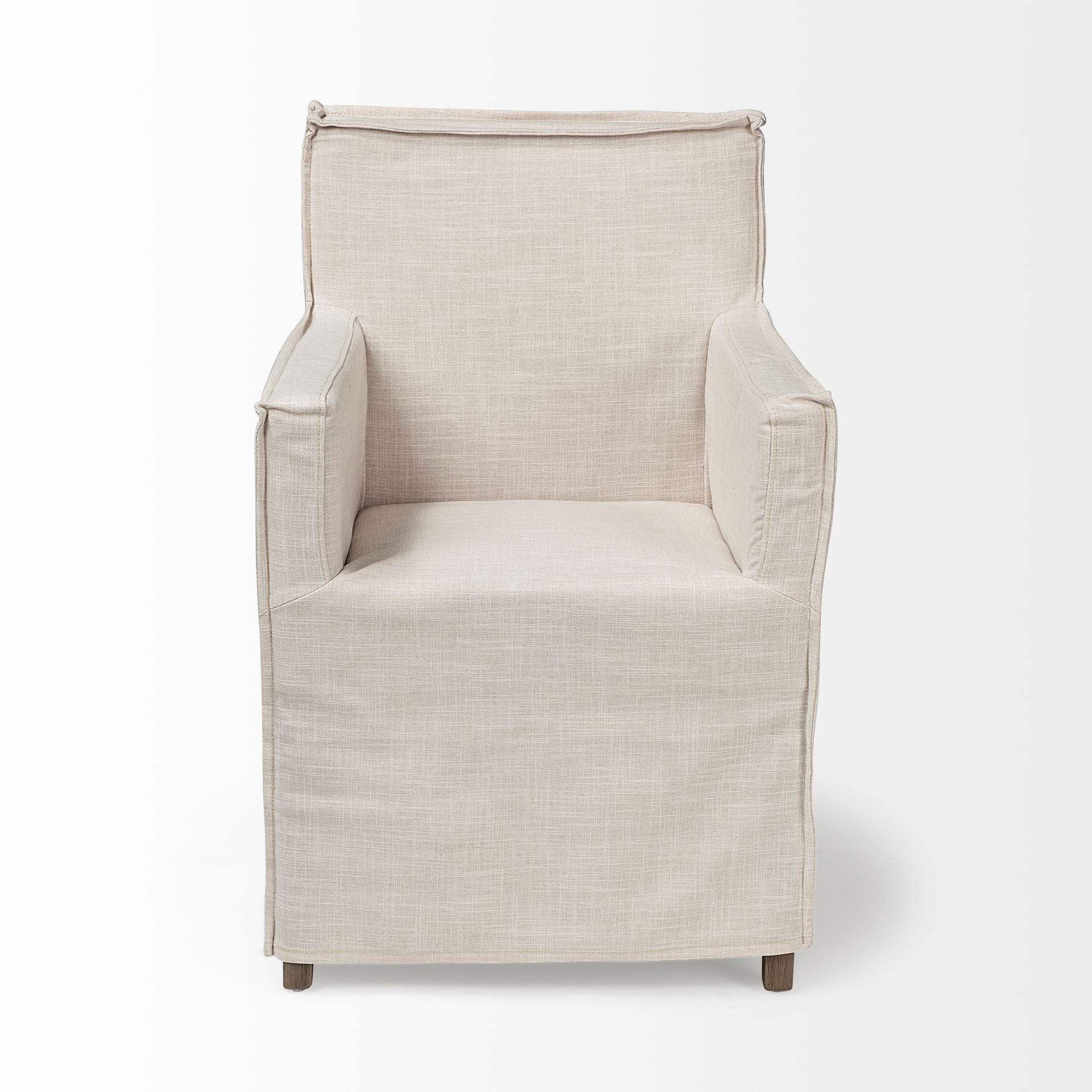 Cream And Brown Slipcovered Wood Dining Arm Chair - Homeroots - Flyclothing LLC