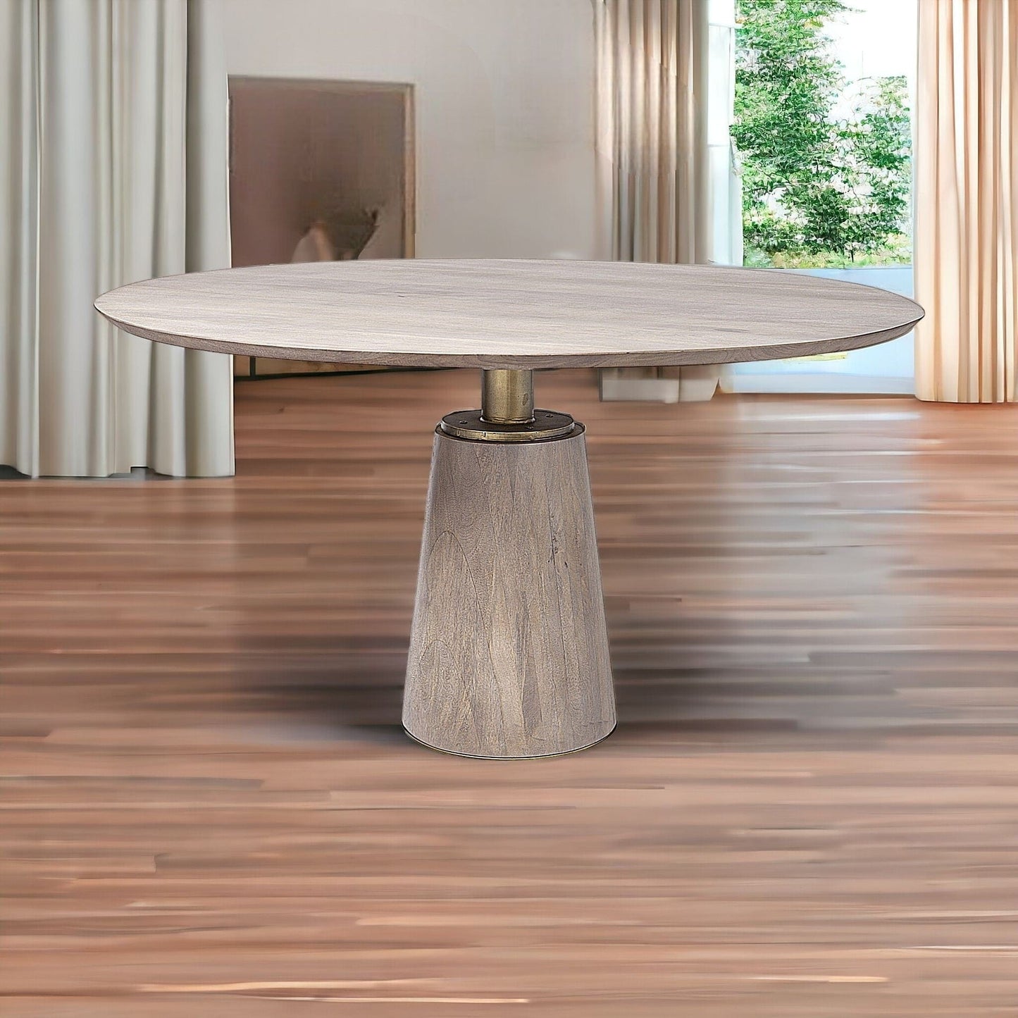 54" Brown And Gold Rounded Solid Wood And Metal Pedestal Base Dining Table - Homeroots - Flyclothing LLC