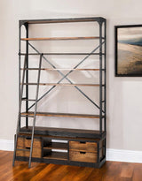 94" Brown And Black Metal and Wood Four Tier Library Bookcase With Ladder - Homeroots - Flyclothing LLC