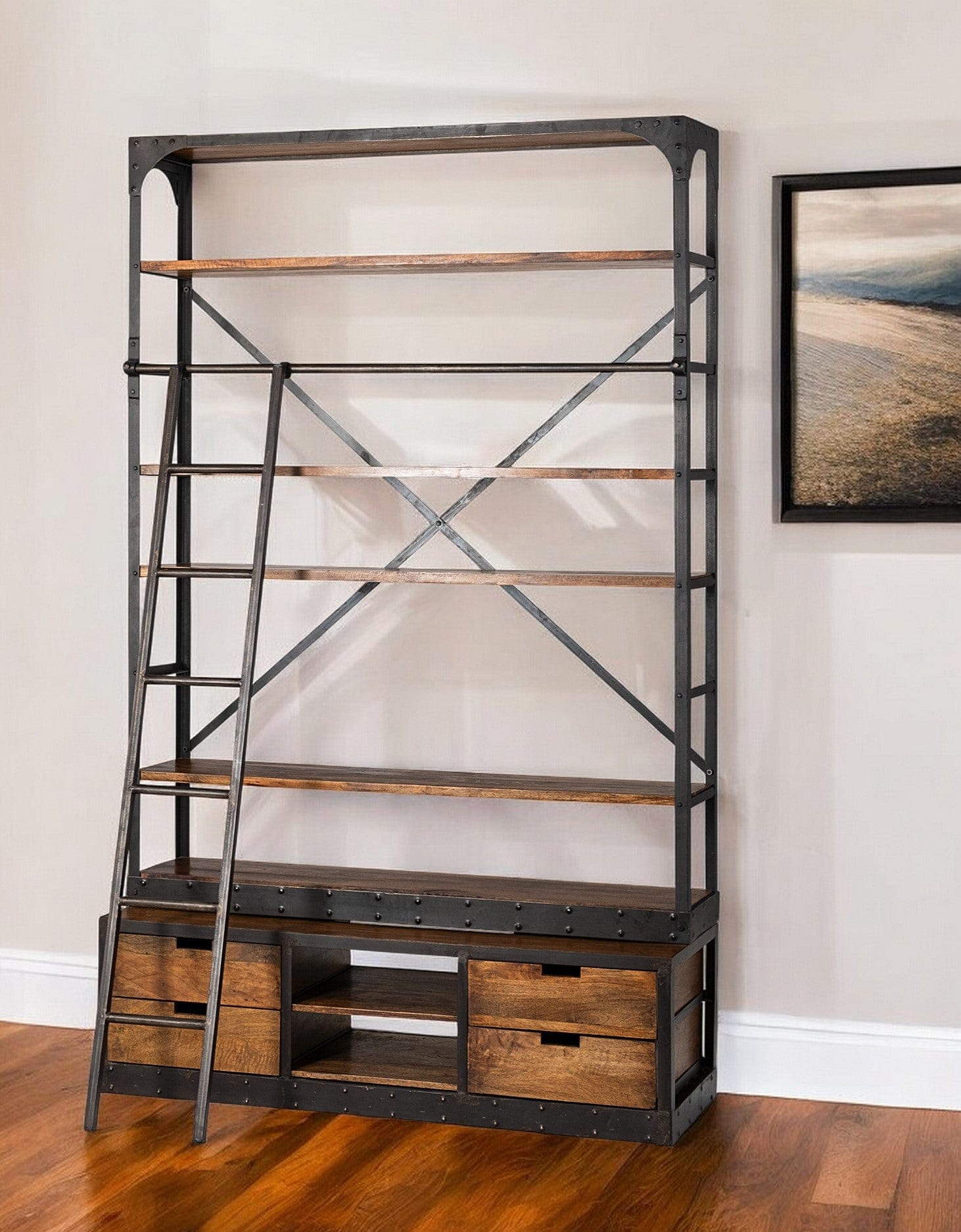 94" Brown And Black Metal and Wood Four Tier Library Bookcase With Ladder - Homeroots - Flyclothing LLC