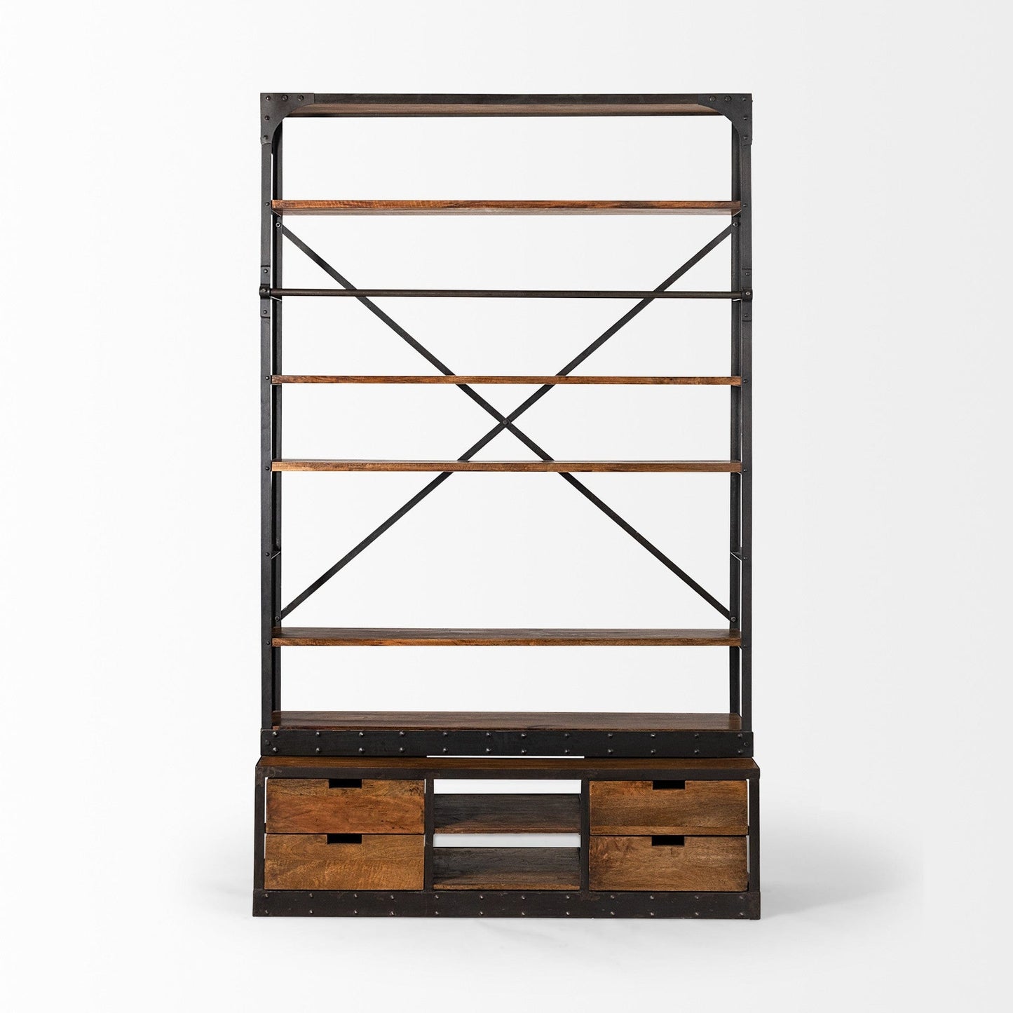 94" Brown And Black Metal and Wood Four Tier Library Bookcase With Ladder - Homeroots - Flyclothing LLC