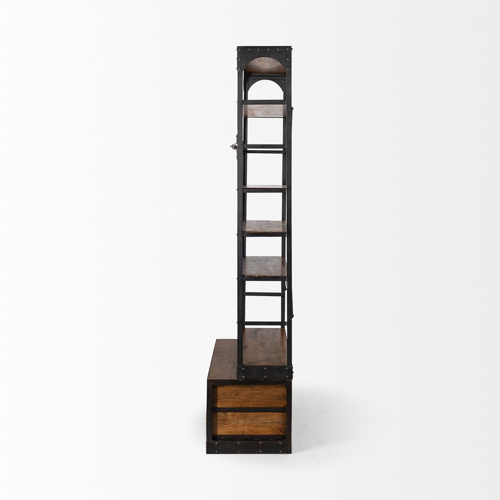 94" Brown And Black Metal and Wood Four Tier Library Bookcase With Ladder - Homeroots - Flyclothing LLC