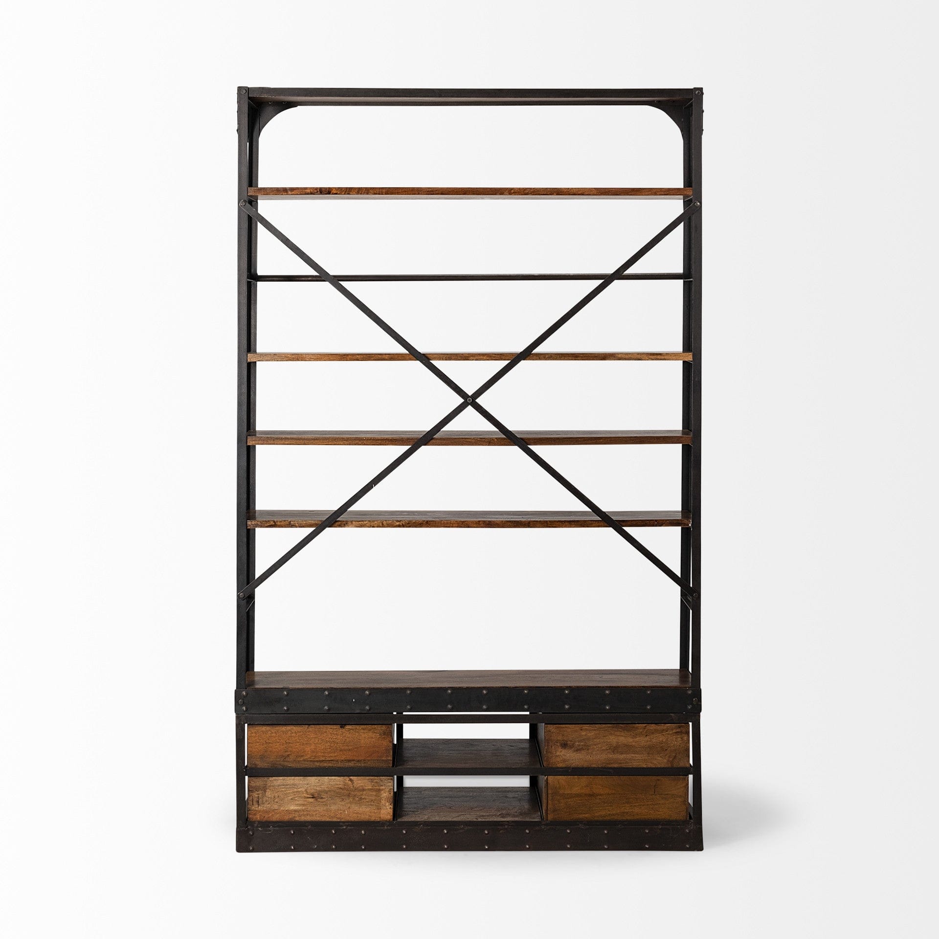 94" Brown And Black Metal and Wood Four Tier Library Bookcase With Ladder - Homeroots - Flyclothing LLC