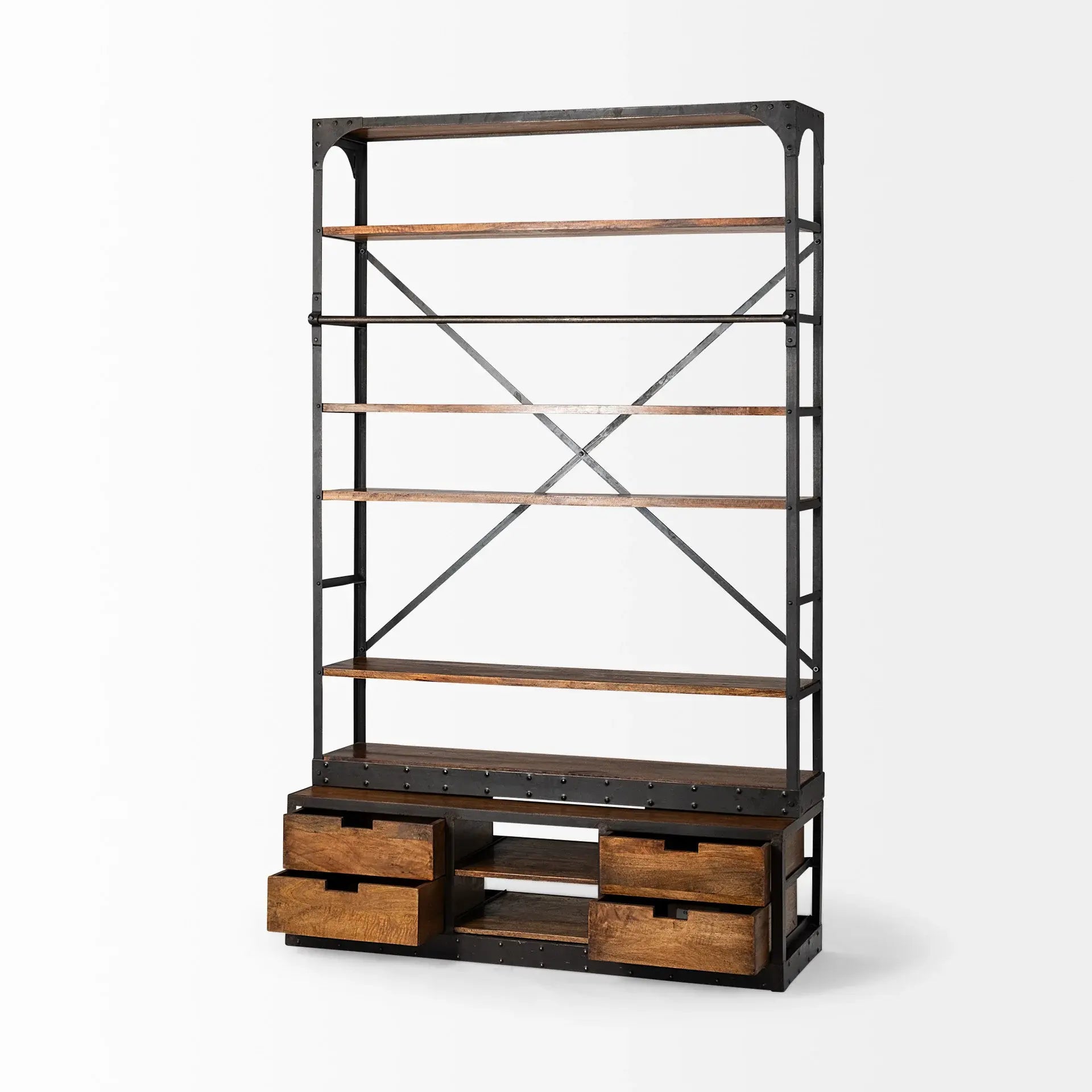 94" Brown And Black Metal and Wood Four Tier Library Bookcase With Ladder - Homeroots - Flyclothing LLC