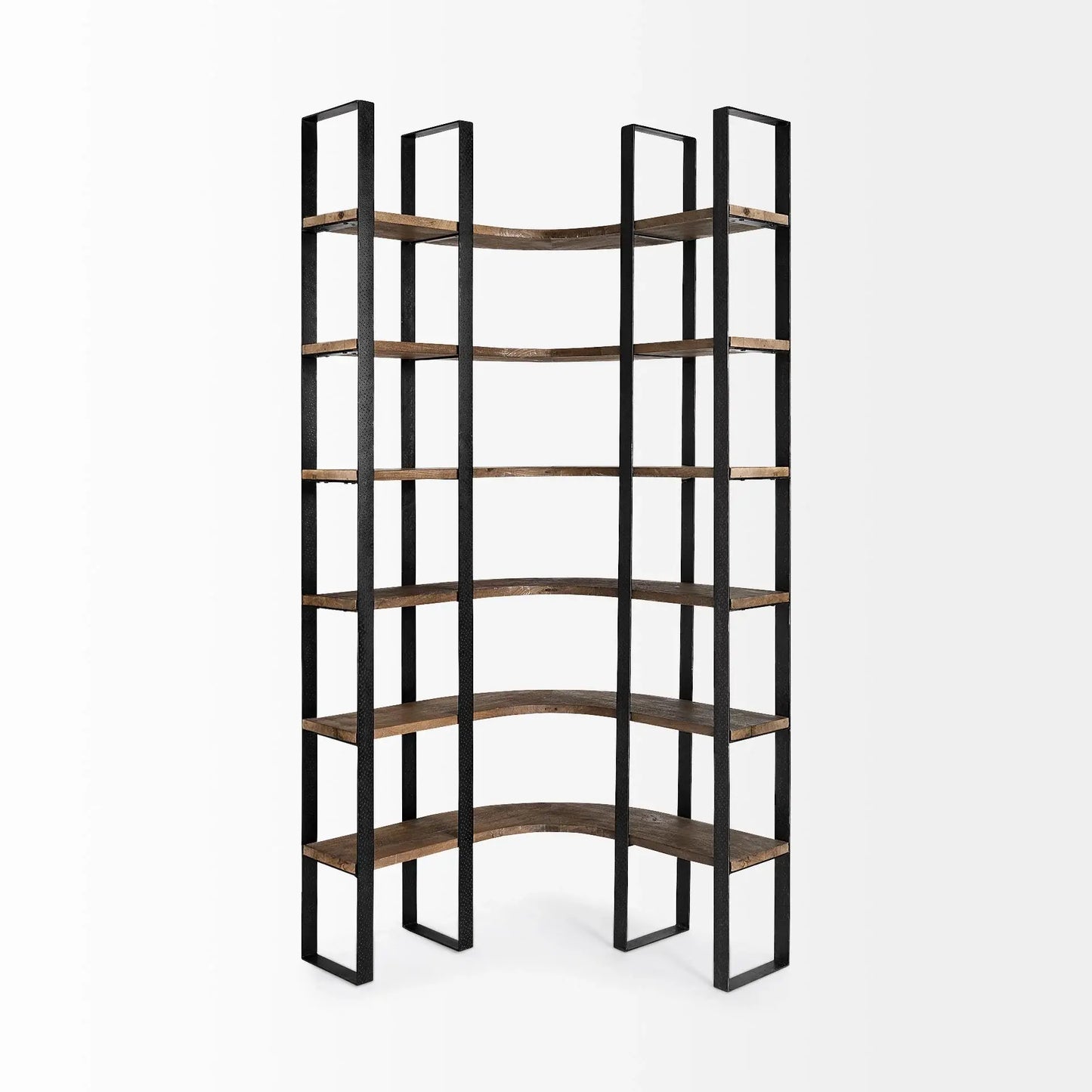 Curved Dark Brown Wood And Black Iron 6 Shelving Unit - Homeroots - Flyclothing LLC