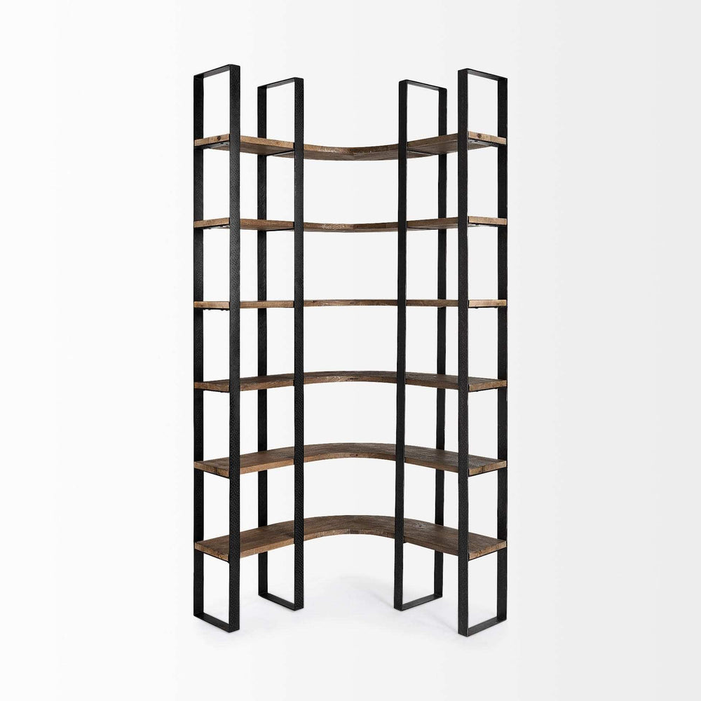 Curved Dark Brown Wood And Black Iron 6 Shelving Unit - Homeroots - Flyclothing LLC