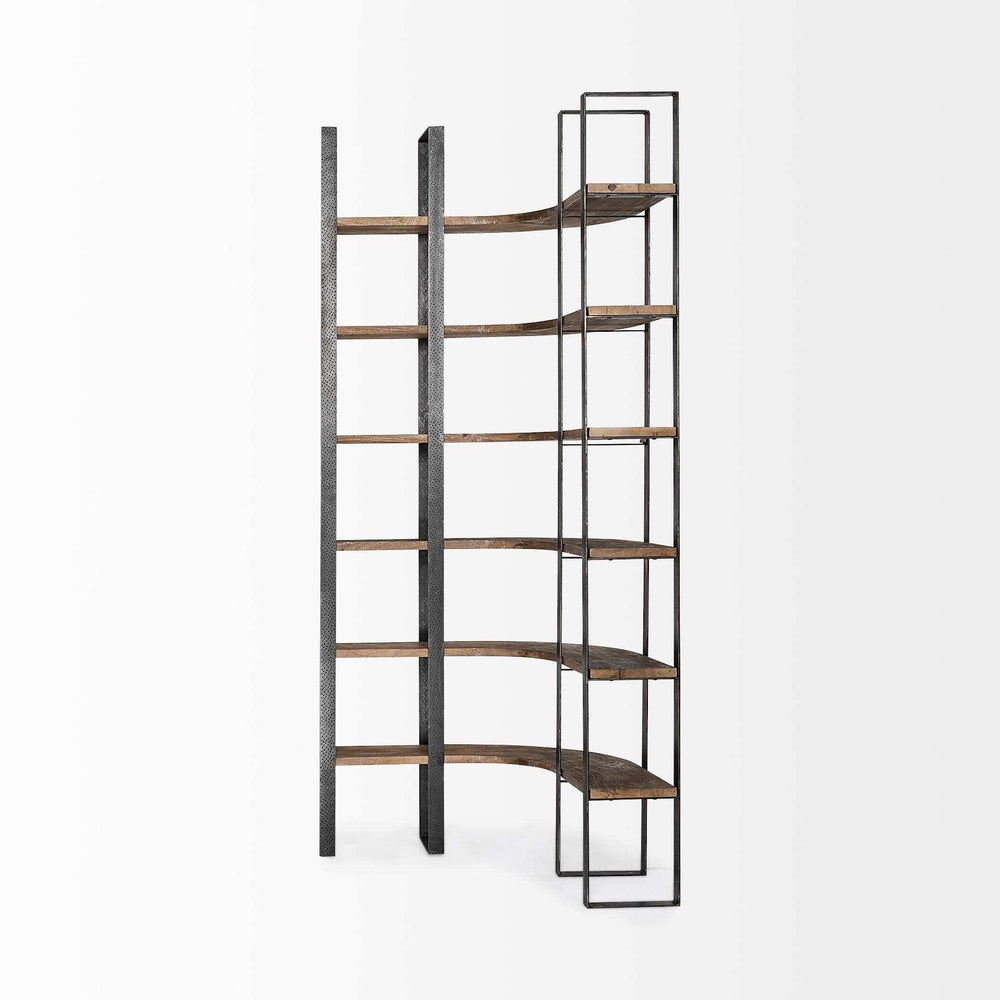 Curved Dark Brown Wood And Black Iron 6 Shelving Unit - Homeroots - Flyclothing LLC