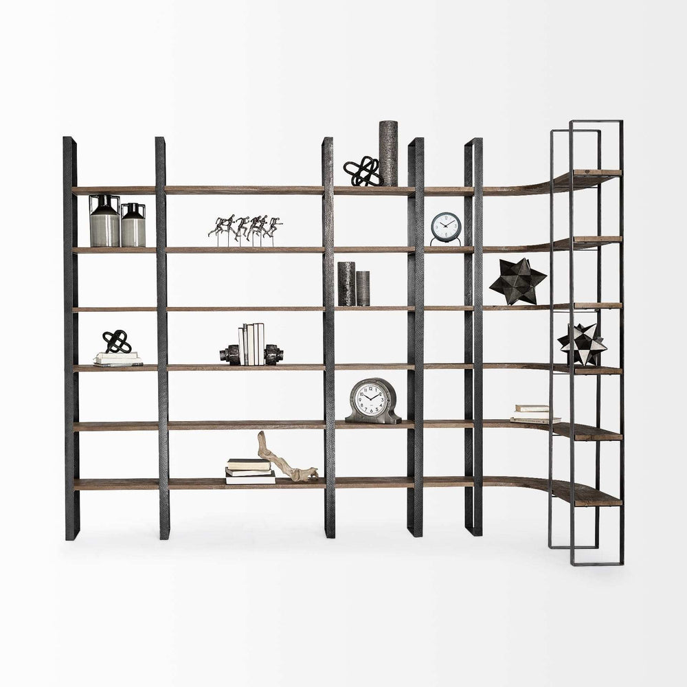 Curved Dark Brown Wood And Black Iron 6 Shelving Unit - Homeroots - Flyclothing LLC