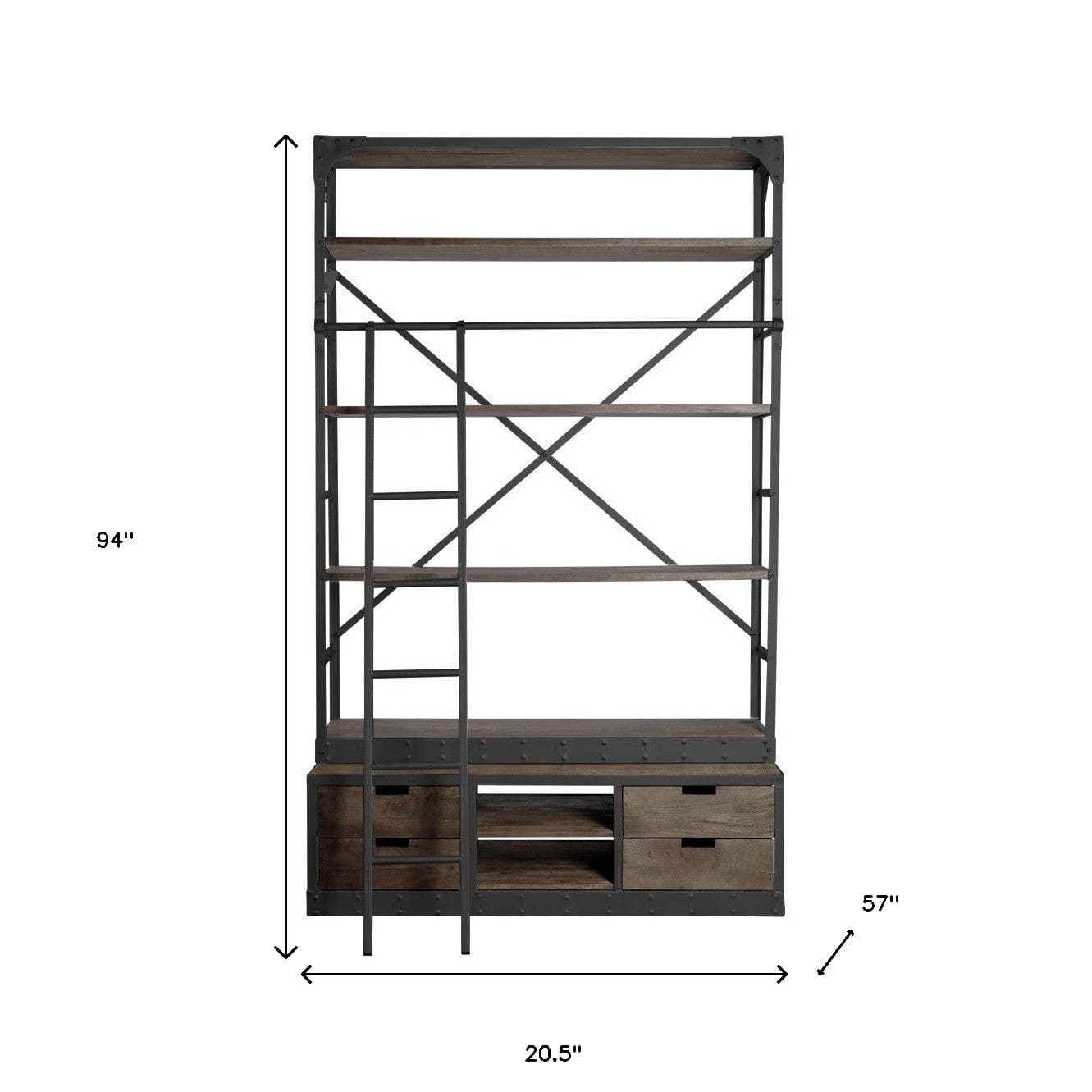 Brown Wood Shelving Unit With Gun Metal Ladder And 4 Shelves - Homeroots