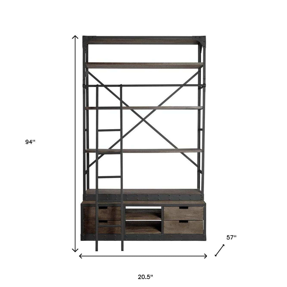 Brown Wood Shelving Unit With Gun Metal Ladder And 4 Shelves - Homeroots - Flyclothing LLC