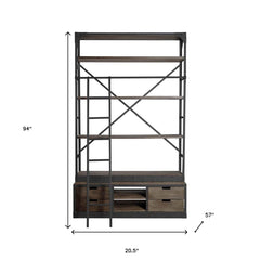 Brown Wood Shelving Unit With Gun Metal Ladder And 4 Shelves - Homeroots