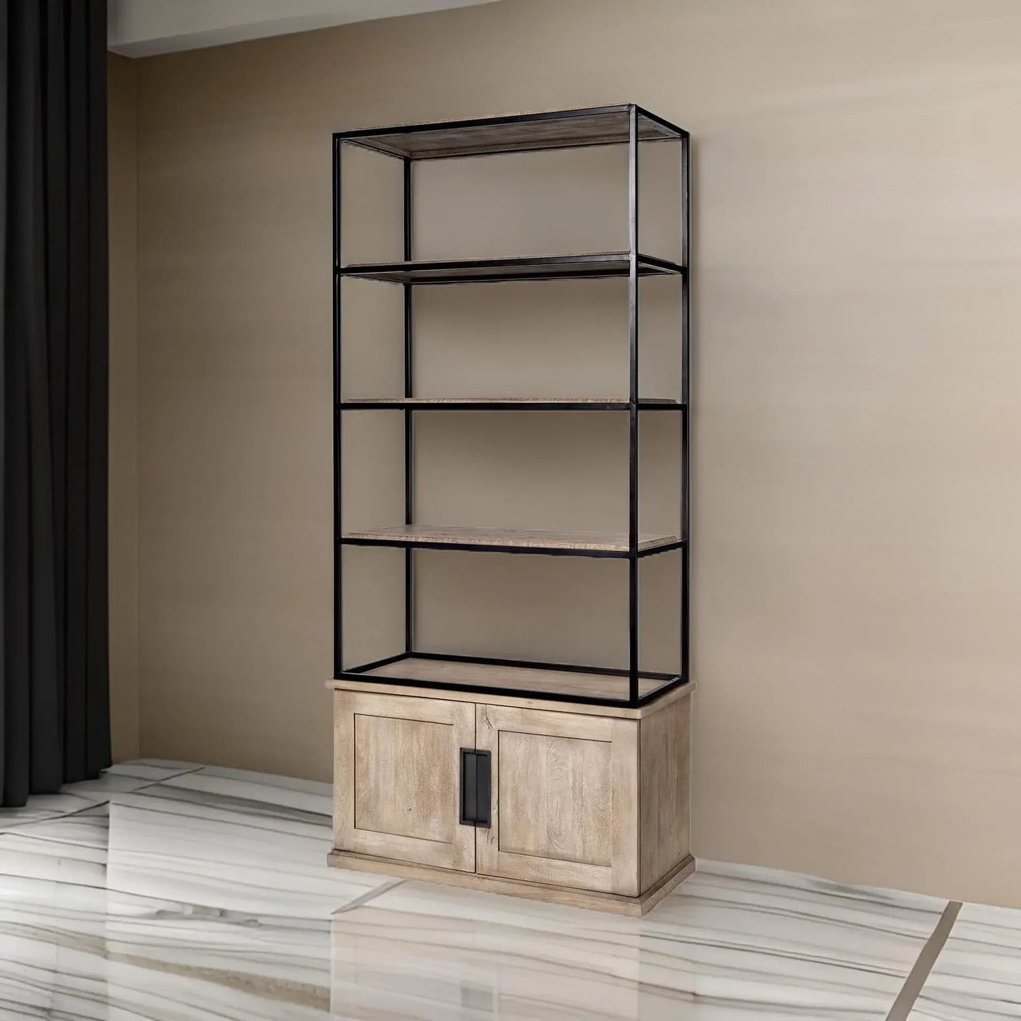 Light Brown Wood And Iron Shelving Unit With 3 Shelves - Homeroots - Flyclothing LLC