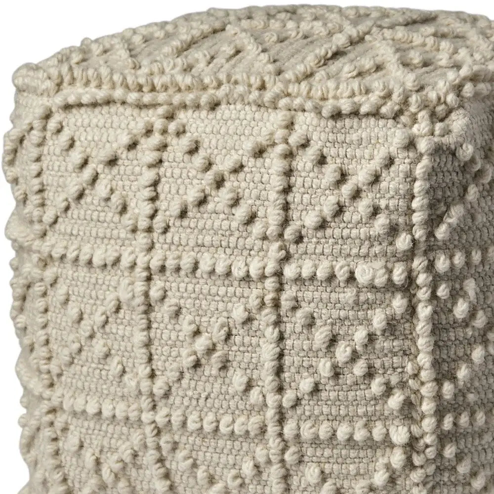 Ivory Wool Sqaure Pouf With Popcorn Detail - Homeroots - Flyclothing LLC
