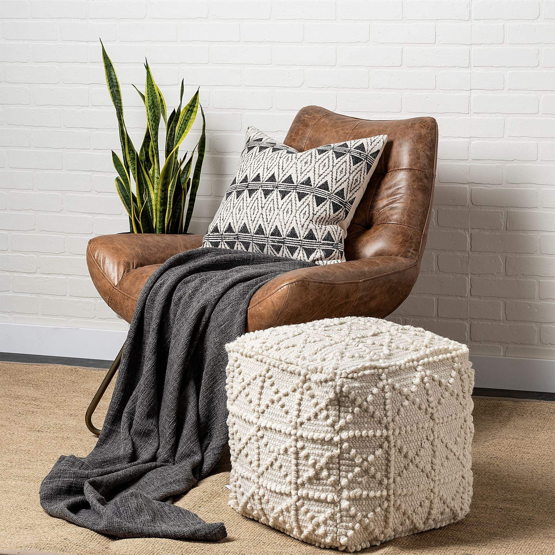 Ivory Wool Sqaure Pouf With Popcorn Detail - Homeroots - Flyclothing LLC