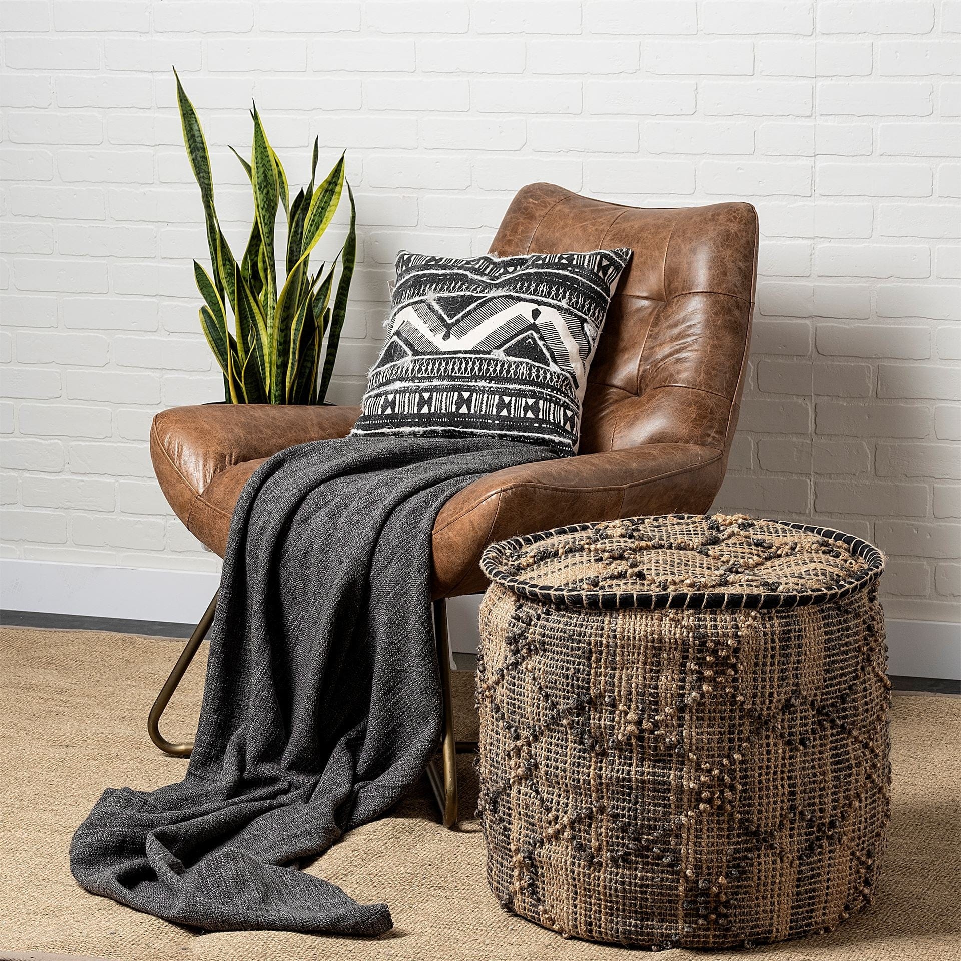 20" Natural And Black Geometric Cylindrical Jute Ottoman - Homeroots - Flyclothing LLC