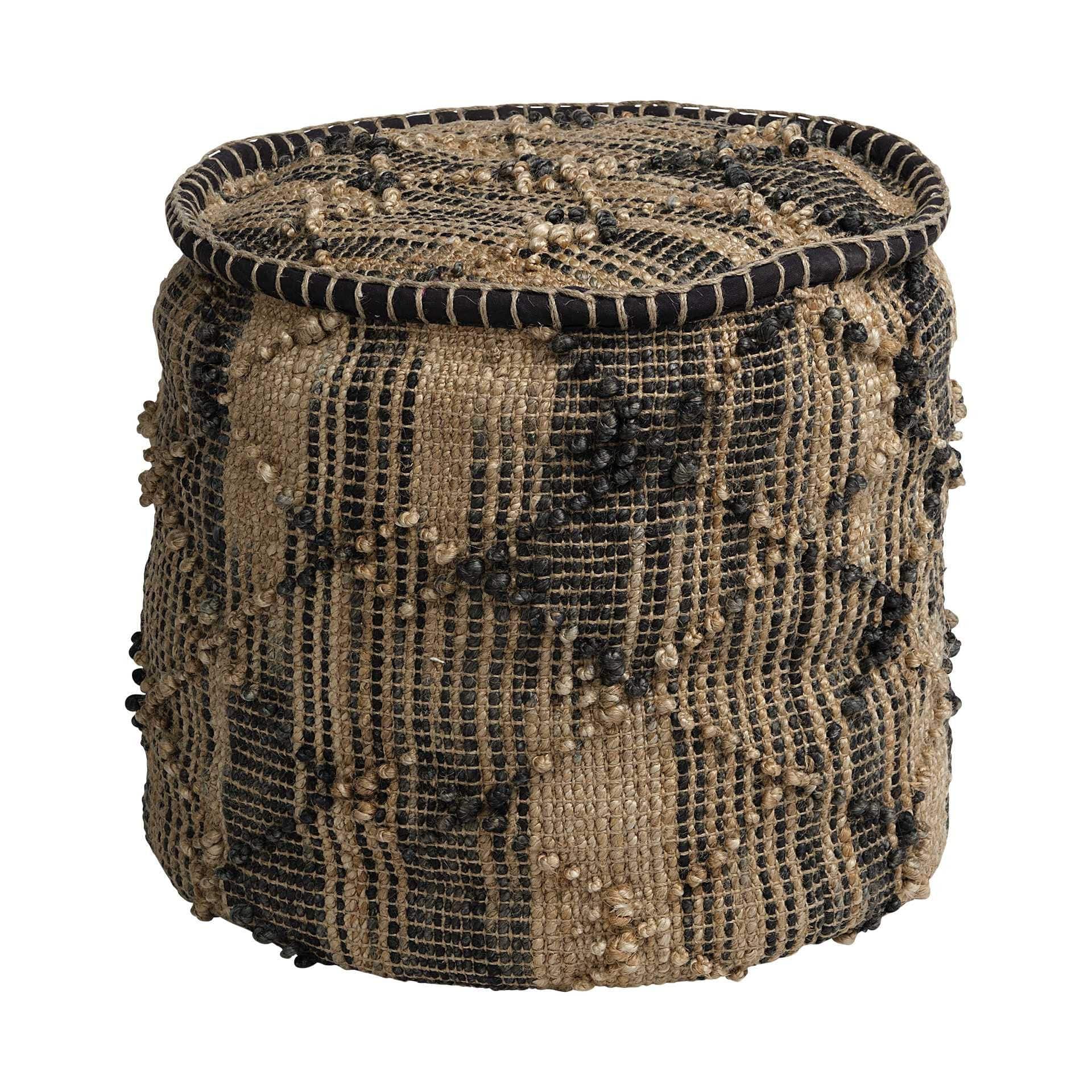 20" Natural And Black Geometric Cylindrical Jute Ottoman - Homeroots - Flyclothing LLC