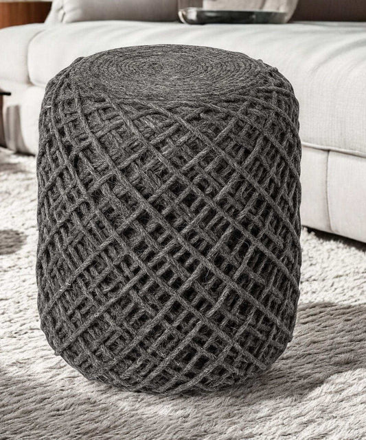 Dark Gray Wool Cylindrical Pouf With Diamond Pattern - Homeroots - Flyclothing LLC