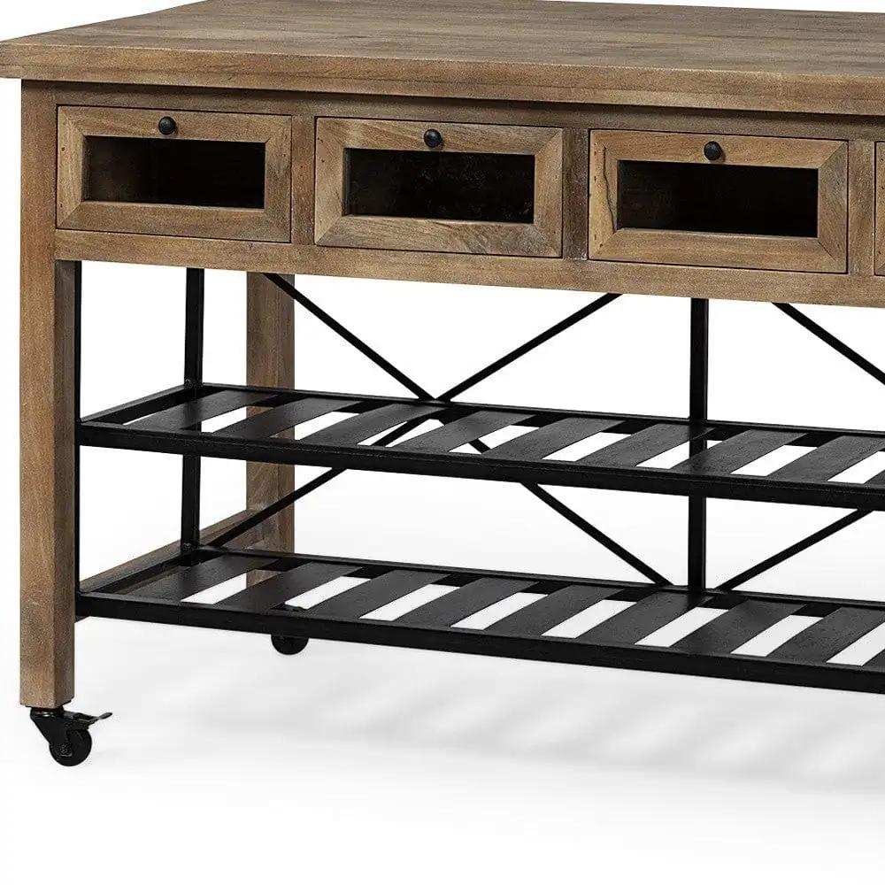 Brown Solid Wood Top Kitchen Island With Two Tier Black Metal Rolling - Homeroots - Flyclothing LLC