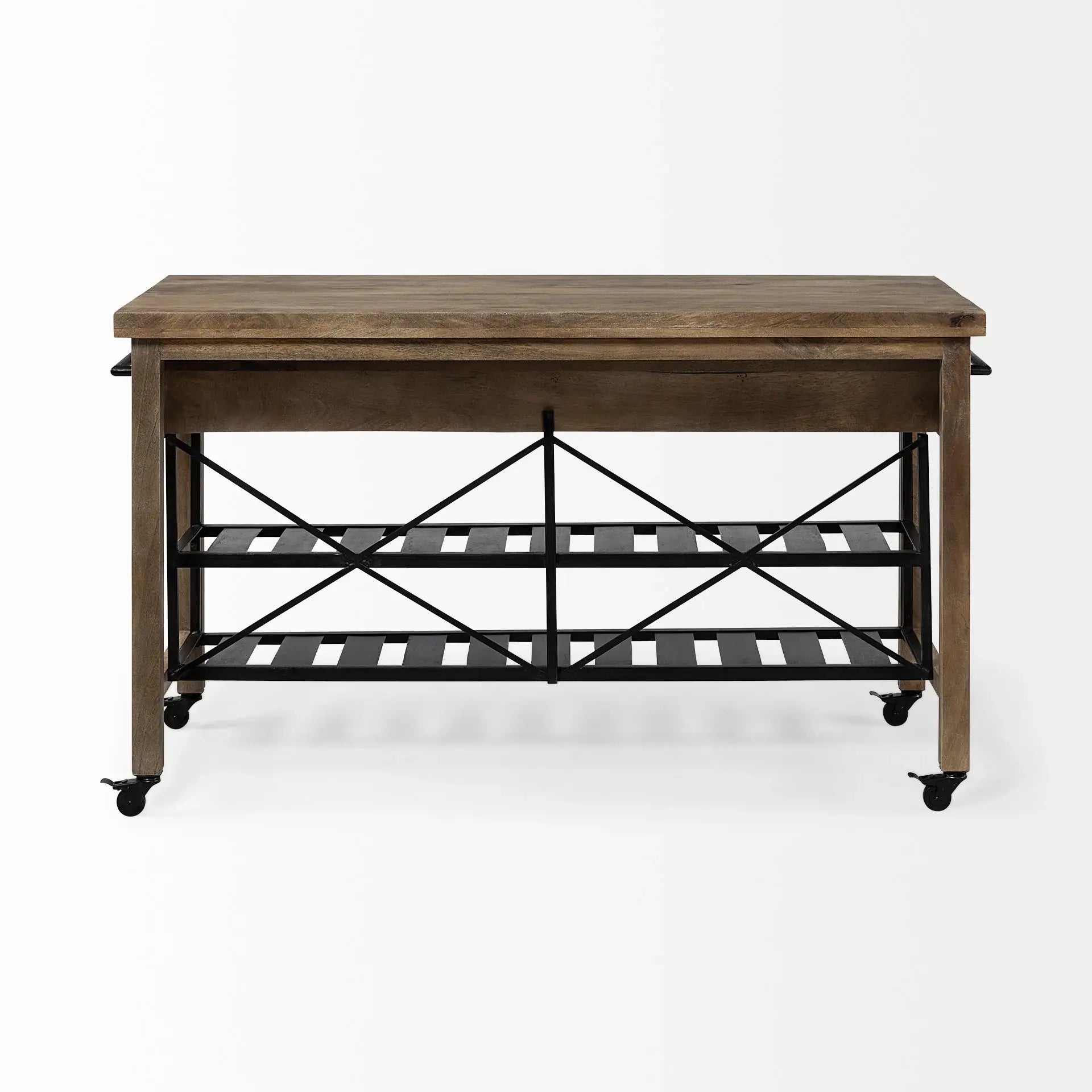 Brown Solid Wood Top Kitchen Island With Two Tier Black Metal Rolling - Homeroots - Flyclothing LLC