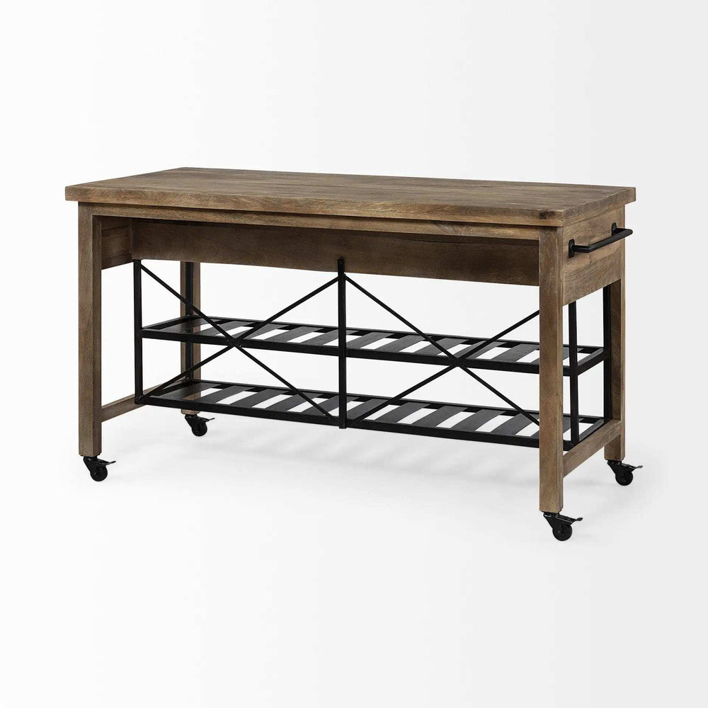 Brown Solid Wood Top Kitchen Island With Two Tier Black Metal Rolling - Homeroots - Flyclothing LLC