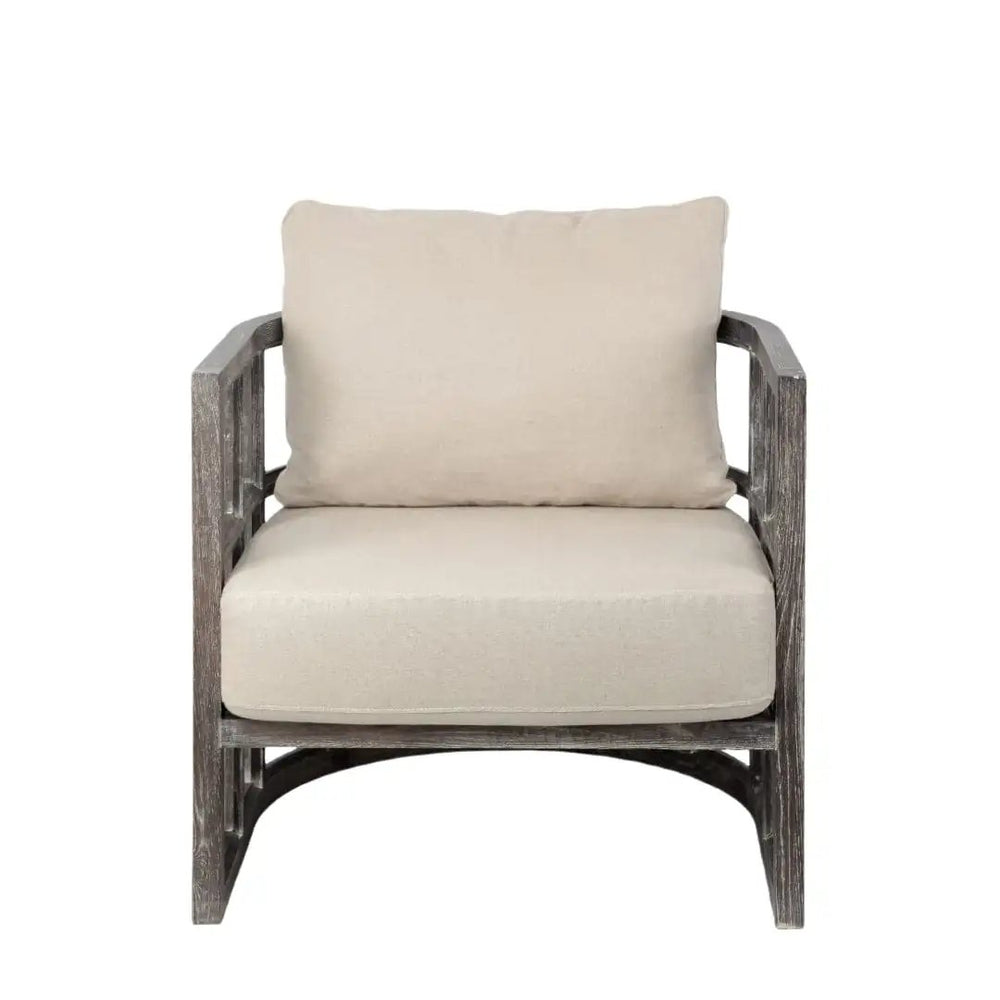 30" Cream And Brown Fabric Distressed Barrel Chair - Homeroots
