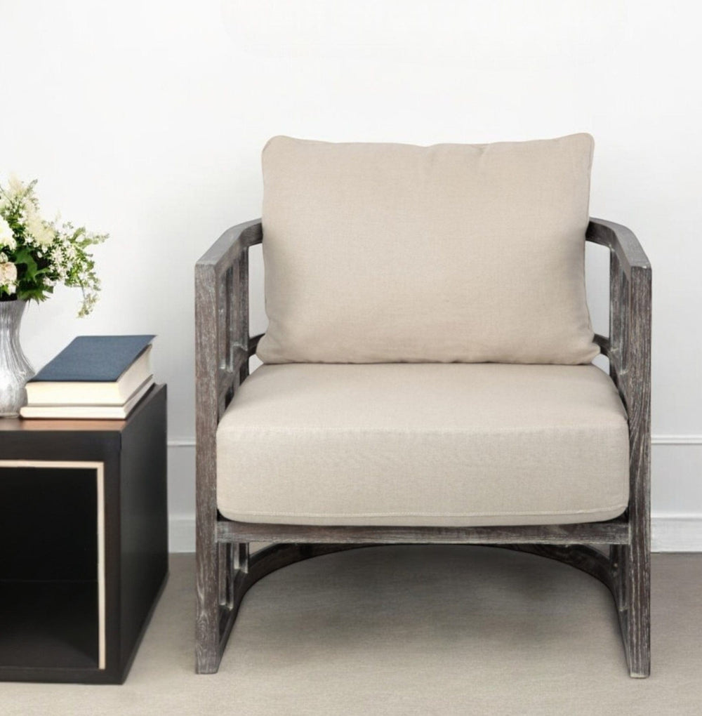 30" Cream And Brown Fabric Distressed Barrel Chair - Homeroots - Flyclothing LLC