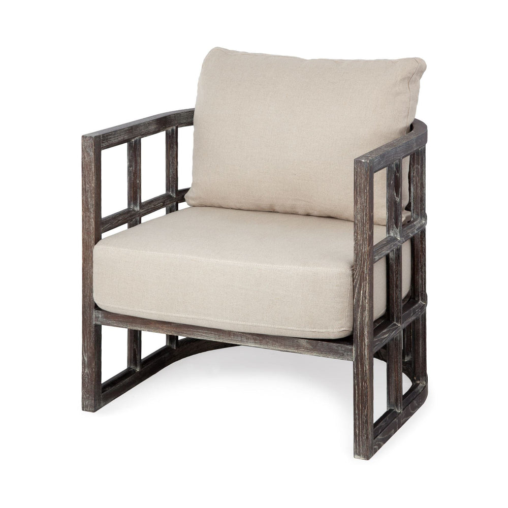 30" Cream And Brown Fabric Distressed Barrel Chair - Homeroots - Flyclothing LLC