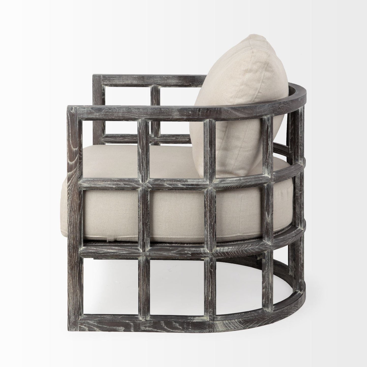 30" Cream And Brown Fabric Distressed Barrel Chair - Homeroots - Flyclothing LLC