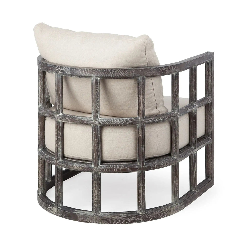 30" Cream And Brown Fabric Distressed Barrel Chair - Homeroots - Flyclothing LLC