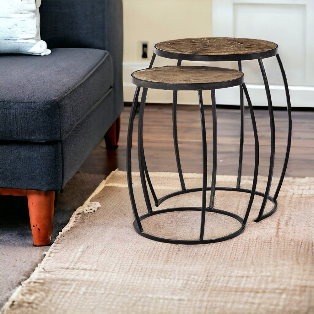 Set of Two 26" Black And Brown Solid Wood Round End Table - Homeroots