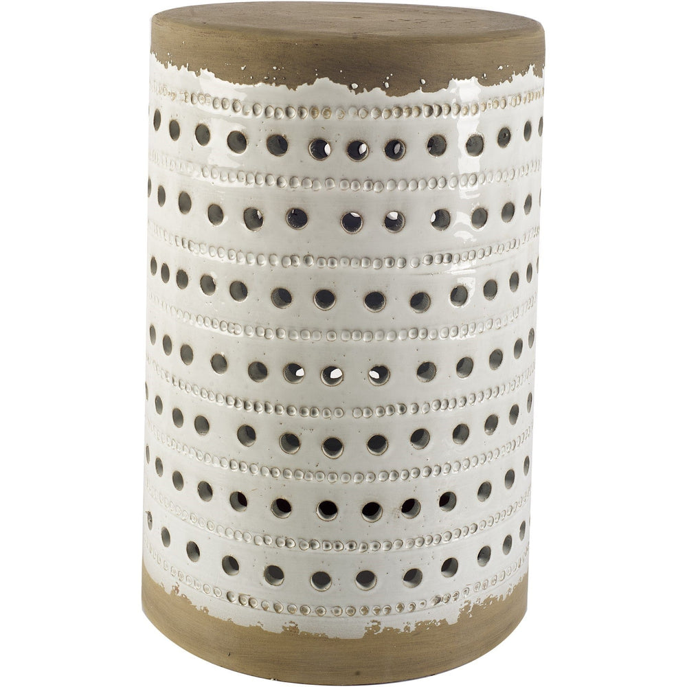 White Glazed Accent Table With Cylindrical Ceramic Tan Base - Homeroots