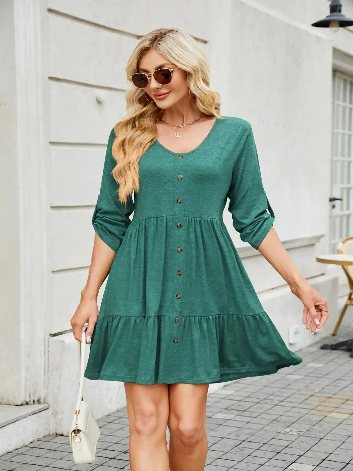 Tiered Ruched V-Neck Mini Dress - Trendsi - Flyclothing LLC