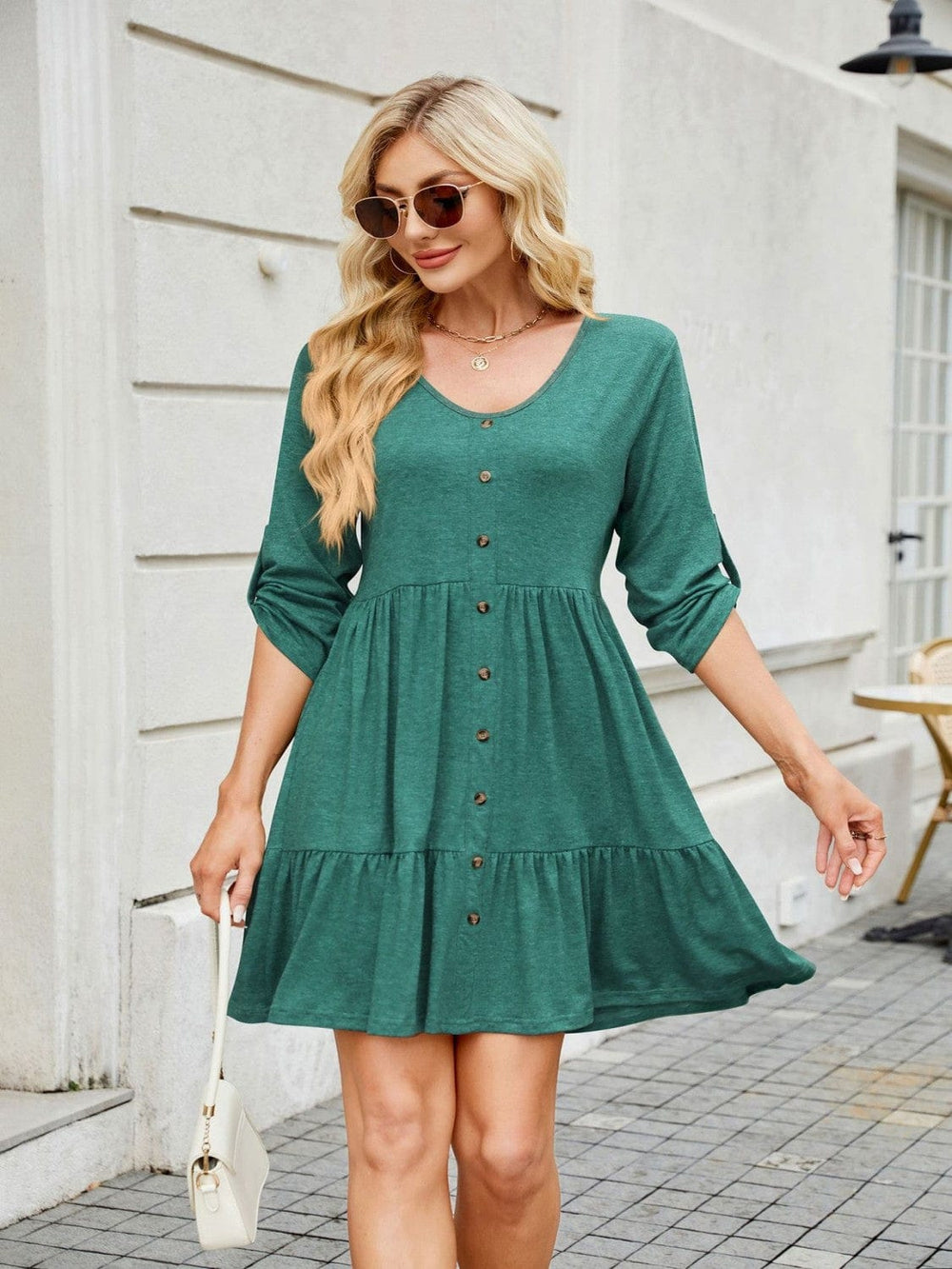 Tiered Ruched V-Neck Mini Dress - Trendsi