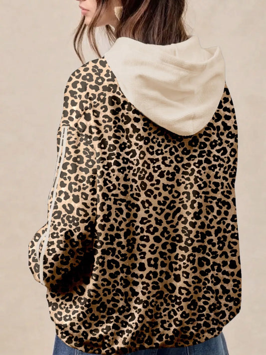 Leopard Print Long Sleeve Hoodie with Pocket - Trendsi - Flyclothing LLC