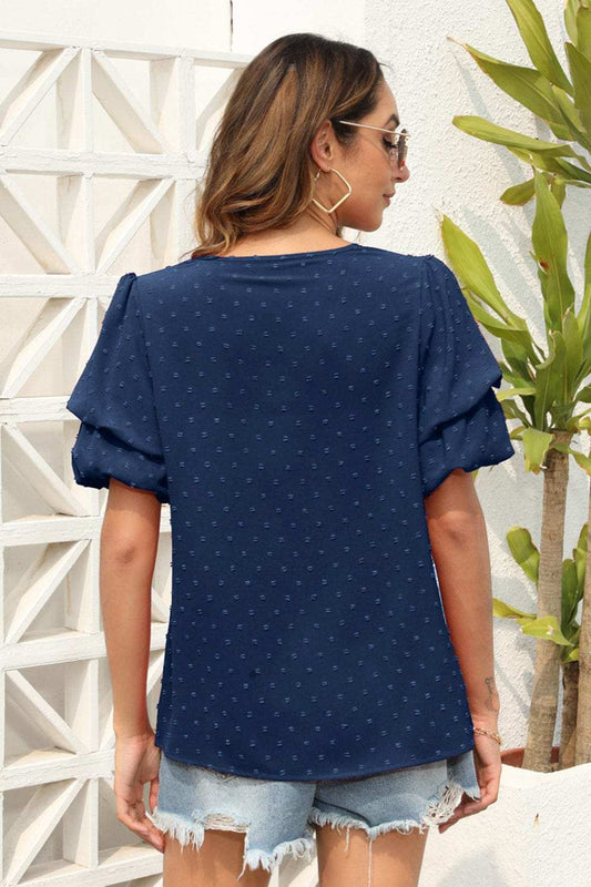 Swiss Dot V-Neck Short Sleeve Blouse - Trendsi - Flyclothing LLC