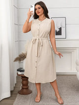 Plus Size Button Front Tie Waist Sleeveless Dress - Trendsi - Flyclothing LLC