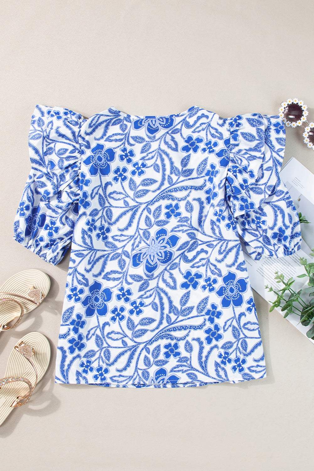 Printed Notched Half Sleeve Blouse - Trendsi - Flyclothing LLC