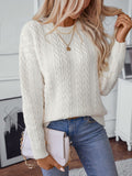 Cable-Knit Round Neck Long Sleeve Sweater - Trendsi