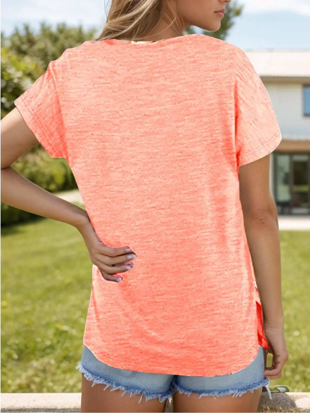 Pocketed Heathered V-Neck Short Sleeve T-Shirt - Trendsi - Flyclothing LLC