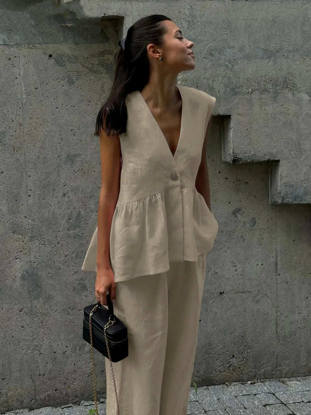 V-Neck Vest and Pants Set - Trendsi - Flyclothing LLC