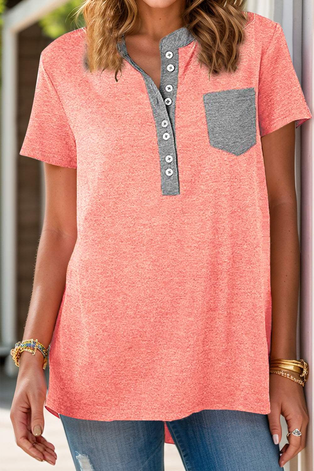 Full Size Half Button Short Sleeve T-Shirt - Trendsi - Flyclothing LLC