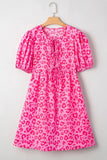 Leopard Tie Front Puff Sleeve Dress - Trendsi