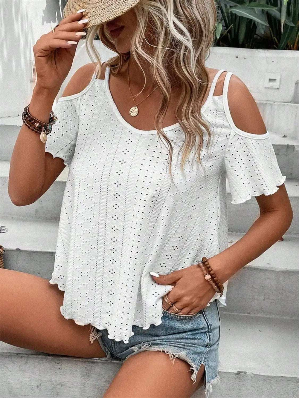 Eyelet Cold Shoulder Short Sleeve Blouse - Trendsi - Flyclothing LLC