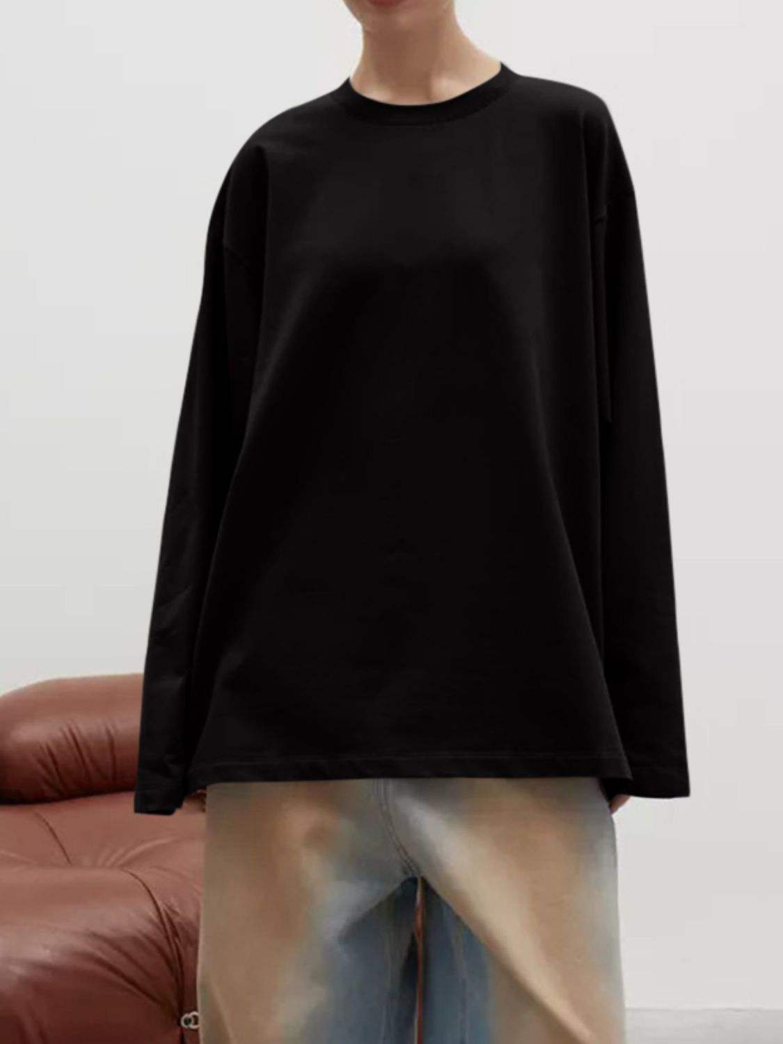 Round Neck Dropped Shoulder Long Sleeve T-Shirt - Trendsi - Flyclothing LLC