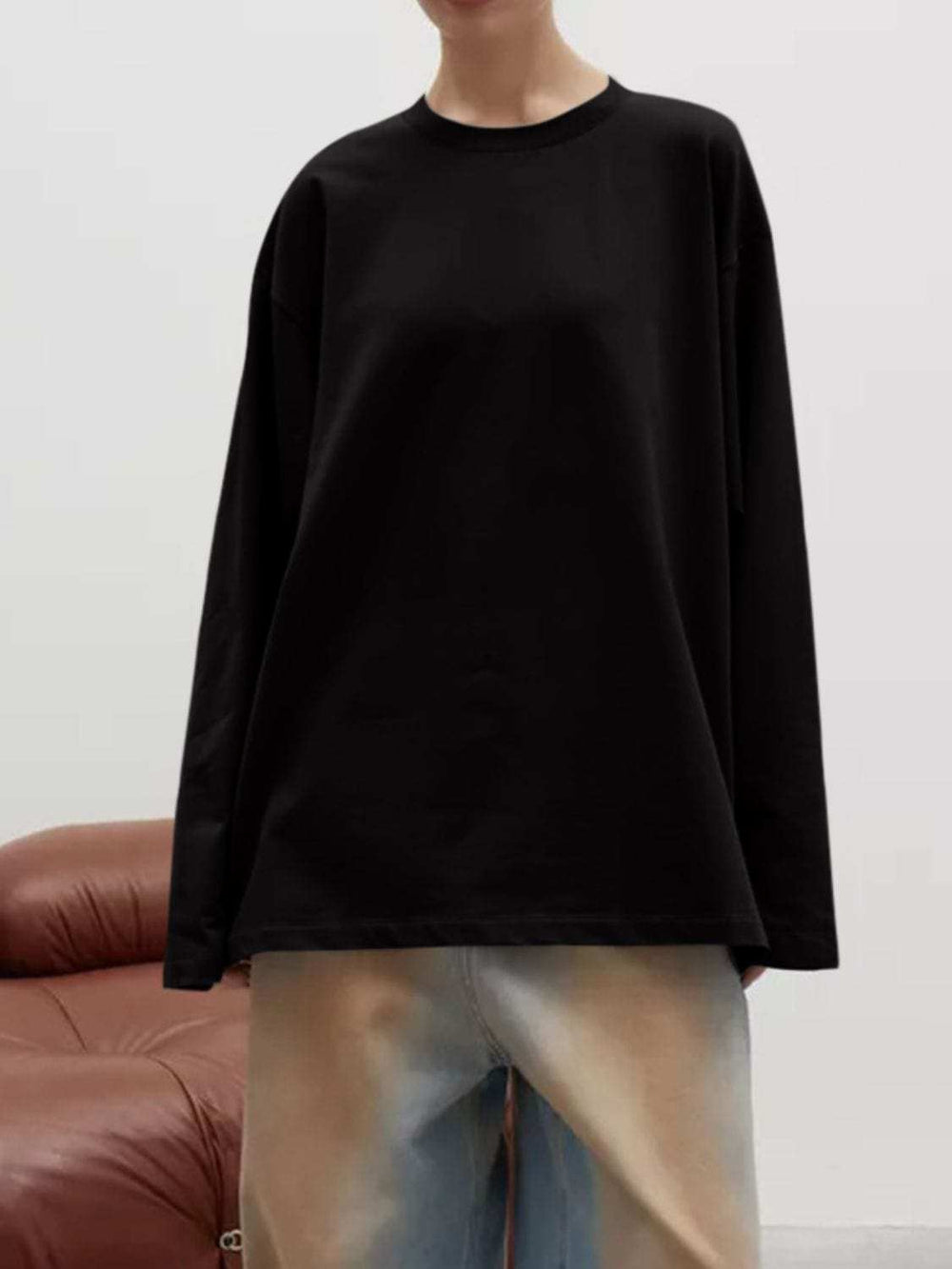 Round Neck Dropped Shoulder Long Sleeve T-Shirt - Trendsi - Flyclothing LLC